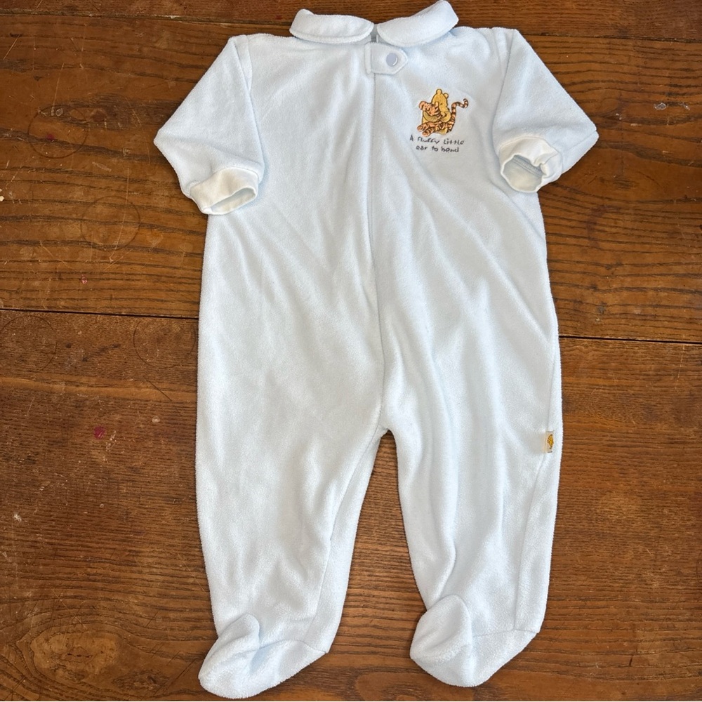 Y2k Classic Pooh Tigger Embroidered Romper Full Zip Sleeper footies 0-3m Blue